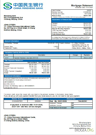 Relevé hypothécaire de la banque China Minsheng scr